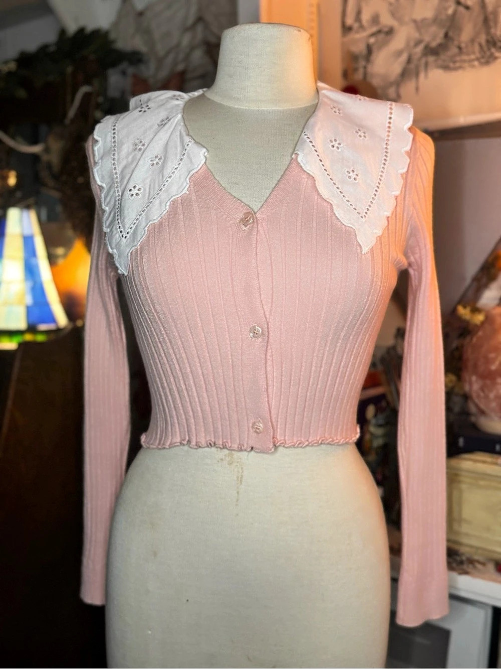 Pink Pointelle Collared Cardigan Like New